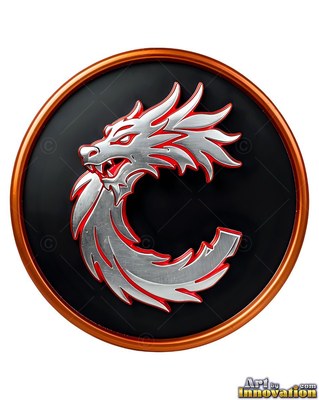 A silver dragon with red accents curls into a circle on a black medallion with an orange rim