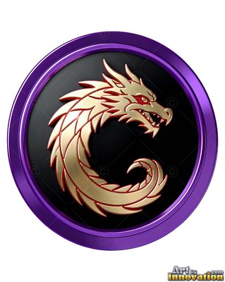 Curling into a C shape, a gold polished metal dragon rests set within a circular purple medallion