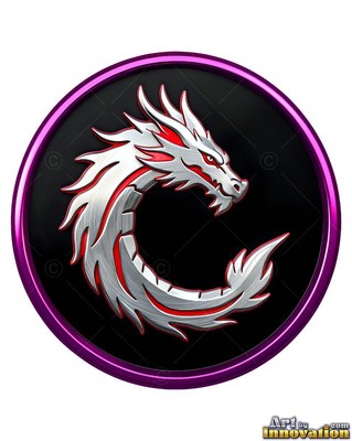 Dragon in silver curled inside a round purple medallion