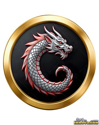 Silver scales with red spines wrap a dragon curled in a round gold medallion
