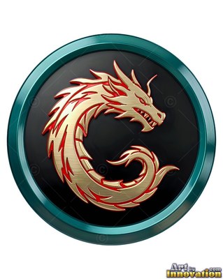 A gold dragon twists into a C shape inside a dark medallion with a teal border