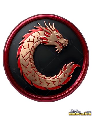 Coiled in a C-shape on a black disk, a bronze dragon medallion rests inside a red rim