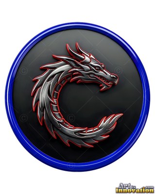 A silver dragon curled in a C shape within a circular blue medallion