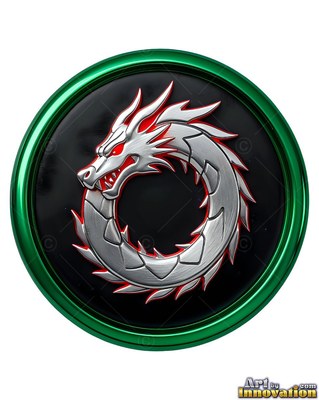Inside a green round medallion, a silver polished metal dragon curves into a circle