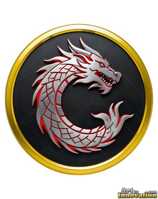 Coiling inside a round gold frame, a dragon snarls against a dark background