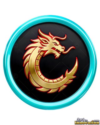 Gold dragon medallion with a cyan rim on a black disc