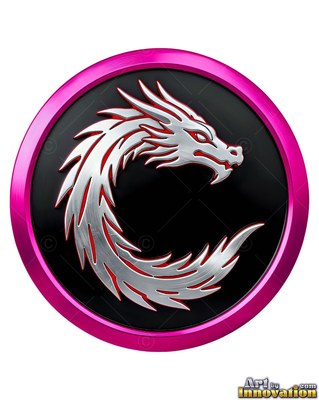Spiky silver scales cover a coiled dragon centered set within a circular pink medallion