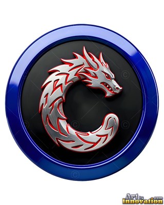 A silver dragon curls within a circular blue medallion with bright red accents inside its body scales
