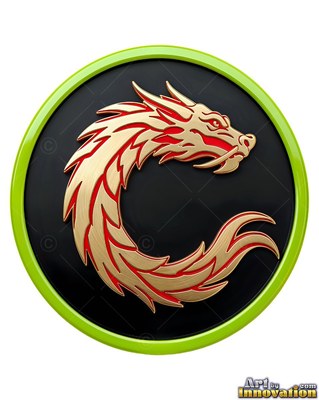 Curled in a circle, a gold dragon stays on a black medallion with a green rim