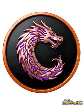 A bronze dragon head curls within a circular black medallion with purple shadows