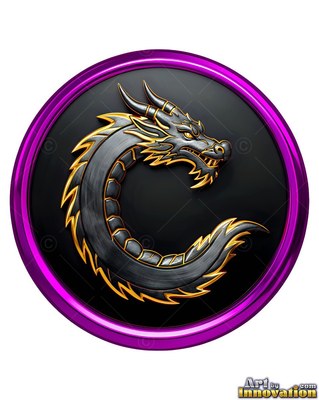 Inside a purple circular frame, a dark steel dragon loops with gold trim