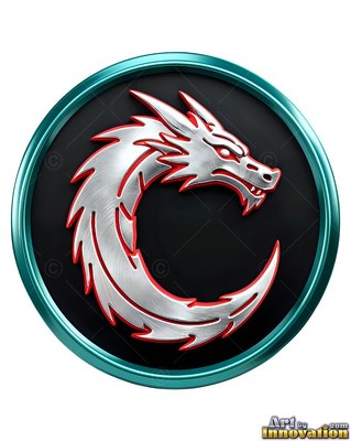Curling in a circle, a silver dragon rests inside a dark teal medallion