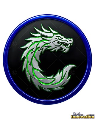 Dragon with green trim set within a circular blue medallion