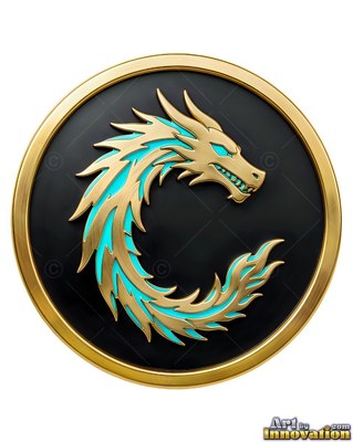 Spiky golden mane lining a coiled dragon in a round black medallion with gold trim