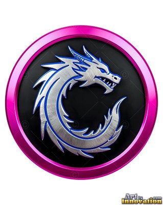 A pale silver dragon loops framed by a round medallion framed by a bright magenta ring