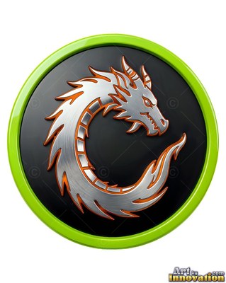 Curled into a circle, a bright silver dragon sits inside a green-rimmed black medallion