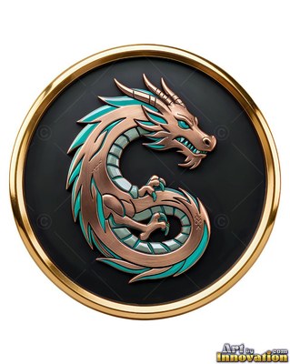 On a round black medallion, a bronze dragon loops in a S-shape with turquoise trim