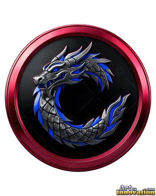 Curling into a circle, a silver and blue dragon rests on a dark red medallion