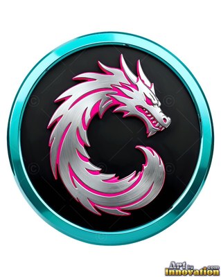 Curled bright silver dragon medallion with pink and blue edges