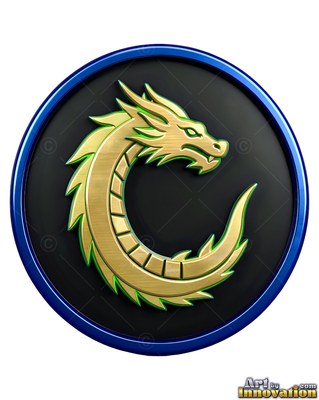 A gold horned dragon coils within a circular black medallion with a blue border
