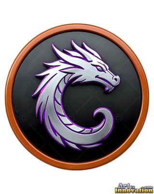 A dragon in silver head curls inside a circular medallion with purple trim and copper edges
