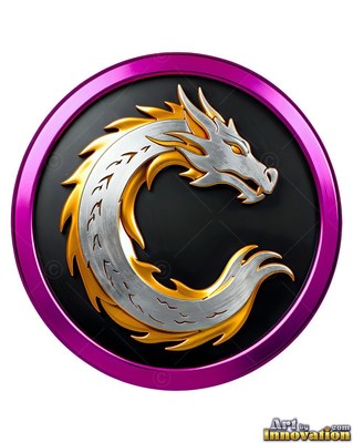 Curled within a circular purple medallion, a silver and gold dragon stays on black