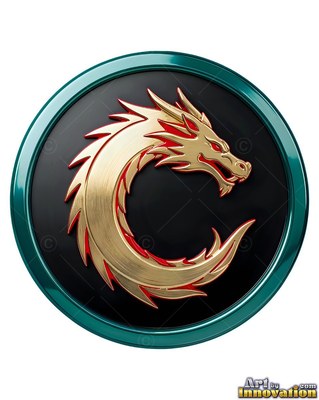 A gold dragon coils into a C shape inside a round teal and black badge