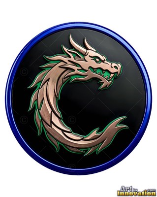 On a black round medallion, a dragon curls with green edges inside a blue rim