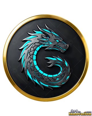 Coiled into a circle, a bright silver dragon emblem rests on a black medallion with gold trim