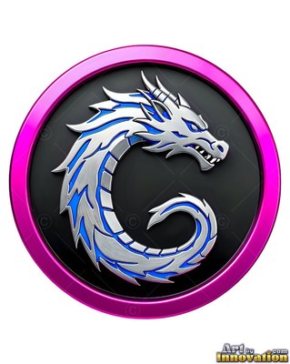 Bright silver dragon curled within a circular pink and black badge