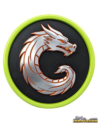 Orange scales edge a dragon in silver coiled framed by a round black medallion with a lime green rim
