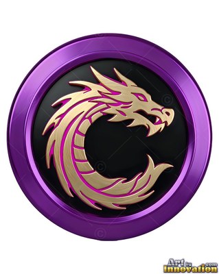 A gold dragon winds inside a round purple medallion with soft reflections on the rim