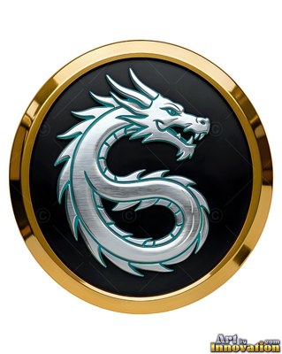 Curled in a S-shape on a black disk, a pale silver dragon sits inside a gold ring