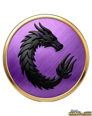 Dragon coiled framed by a round purple medallion with a gold border