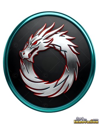 In a round teal frame, a silver dragon coils into a loop on a black disc