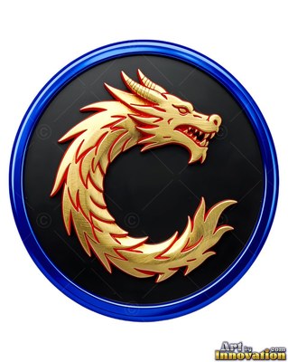 Curling into a C shape, a gold dragon head sits on a black disk with a blue rim