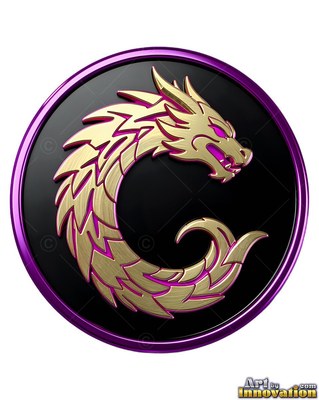 Gold dragon coiled framed by a round purple medallion