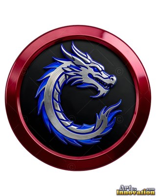 Spiky blue trim outlines a silver dragon coiled set within a circular medallion with a red rim