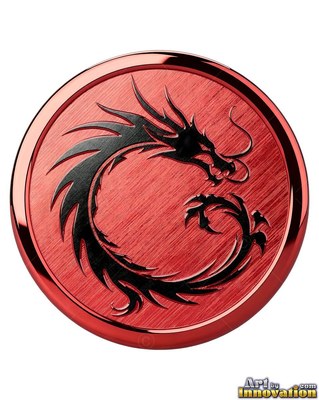 A black tribal dragon winds into a circle across a brushed red metal medallion
