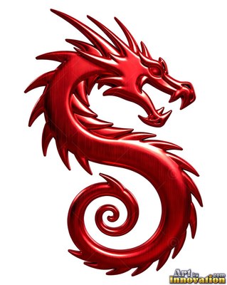 Curling in a winding s curve on a white field, a red dragon opens its mouth