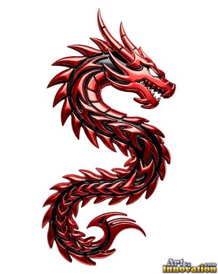 A shiny red metal dragon winds its long spiky body into a curled s form