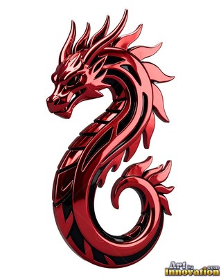 Against a plain white backdrop, a red chrome dragon curls its long spiky body into a curving s