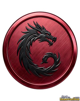 Curled into a C-shape, a dragon in black rests set within a circular red metal medallion