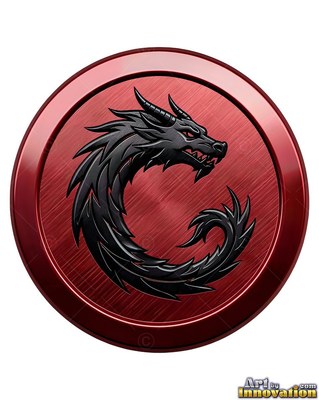 Black spiked scales cover a coiled dragon centered on a brushed red metal medallion