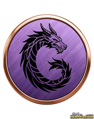 A dragon twists inside a round bronze medallion over brushed purple metal