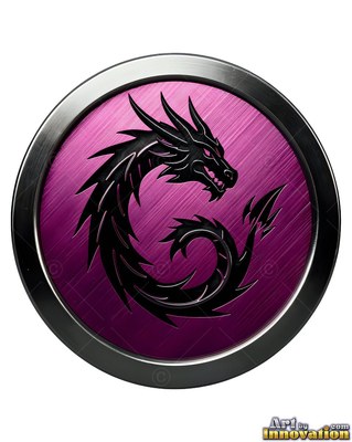 Coiled set within a circular purple medallion, a dragon in black faces to the right