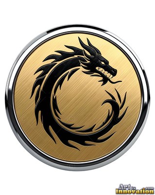 A black dragon coils into a circle within a circular gold and silver medallion
