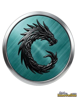 Inside a teal round medallion, a black polished metal dragon curls into a C shape