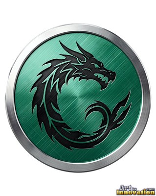Curled into a circle, a black polished metal dragon stays inside a green round medallion