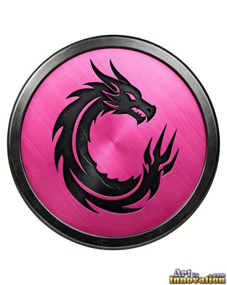 Black coiled dragon emblem on a pink metal medallion